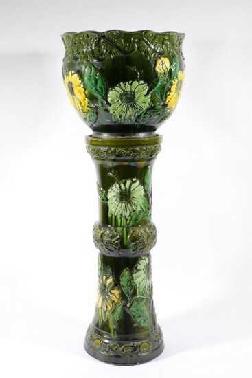 Glazed Majolica Jardiniere (Dia 34cm H:27cm) on Matching Pedestal (H:63cm) Decorated with Flowers