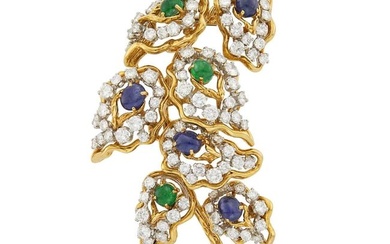 Gold, Platinum, Cabochon Emerald and Sapphire and Diamond Bouquet Clip-Brooch