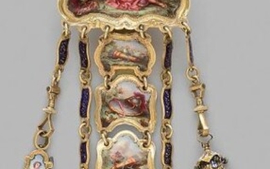 Gold castelaine adorned in the centre with polychrome...