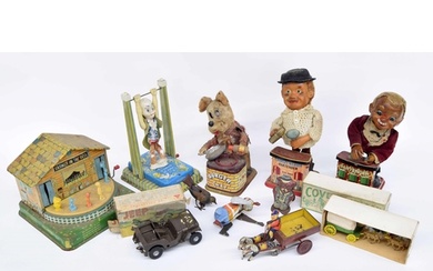 Group of vintage tin-plate mechanical toys; including "Trott...