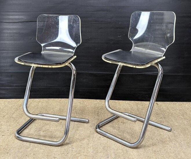 HILL Lucite Style Bar Stools with Chrome Tube Frames. S