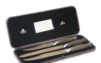 HISTORICAL INTEREST: a set of three silver-mounted 'Dover Castle' oak paper knives marks rubbed,...