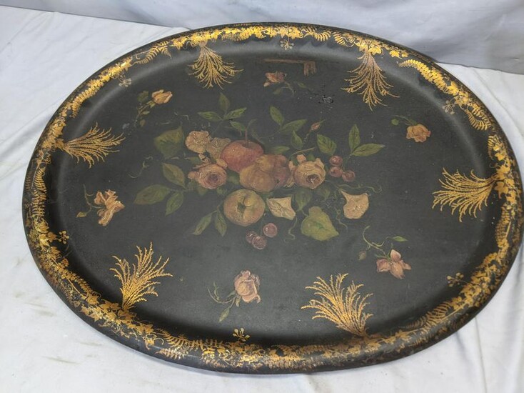 HUGE Antique Hand Painted Toleware Floral Metal Tray