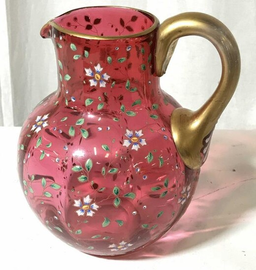 Hand Painted Floral Bohemian Art Glass Pitcher