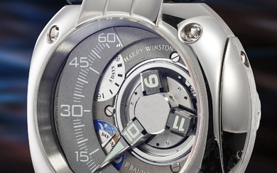 Harry Winston by Felix Baumgartner, An impressive and cutting-edge platinum wristwatch with three-dimensional satellite hour display, retrograde minutes, five-day power reserve, day and night indication, and five-year service indicator, number 36 of a...