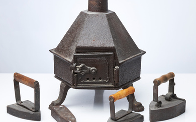 IRON STOVE and IRON, 5dlr, cast iron, 1800/20th century.