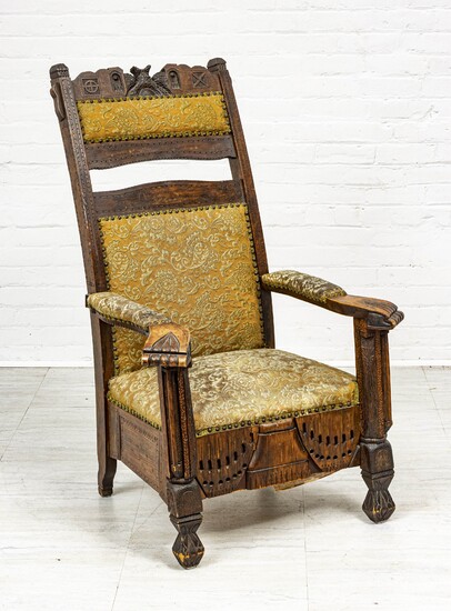 JACOBEAN STYLE CARVED WOOD OPEN ARMCHAIR, H 48", W 30"