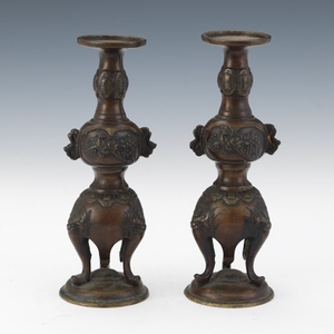 Japanese Patinated Bronze Pair of Personal Shrine Candlesticks/Incense Stick Holders