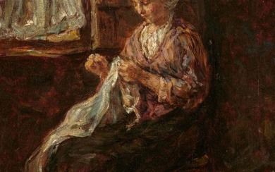 Jozef Israels: Embroidering Girl