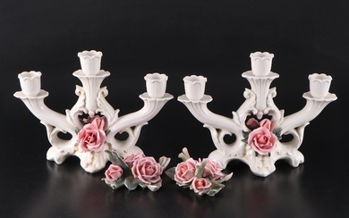 Karl Ens German Porcelain Candlesticks and Flowers, Early to Mid-20th Century