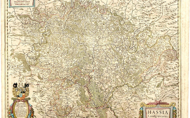 Kolorierte Kupferstich-Landkarte der Landgrafschaft Hessen von Jodocus Hondius (1563-1612, Amsterdam),...