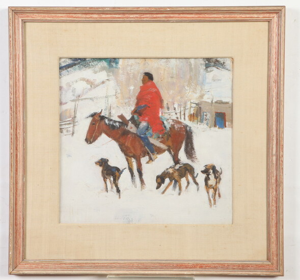 LAVERNE NELSON BLACK (American, 1887-1938). INDIAN RIDER WITH DOGS IN...