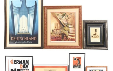 LOT OF 7: GERMAN WWII POSTERS AND OTHER FRAMED PIECES.