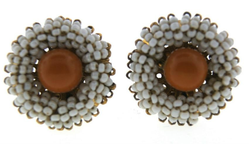 LOVELY Miriam Haskell Coral & Metal Clip On Earrings!