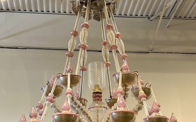 Large Murano Pink And Gold Glass Chandelier