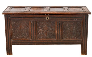 Late 18th Century English Hand Carved Oak Trunk