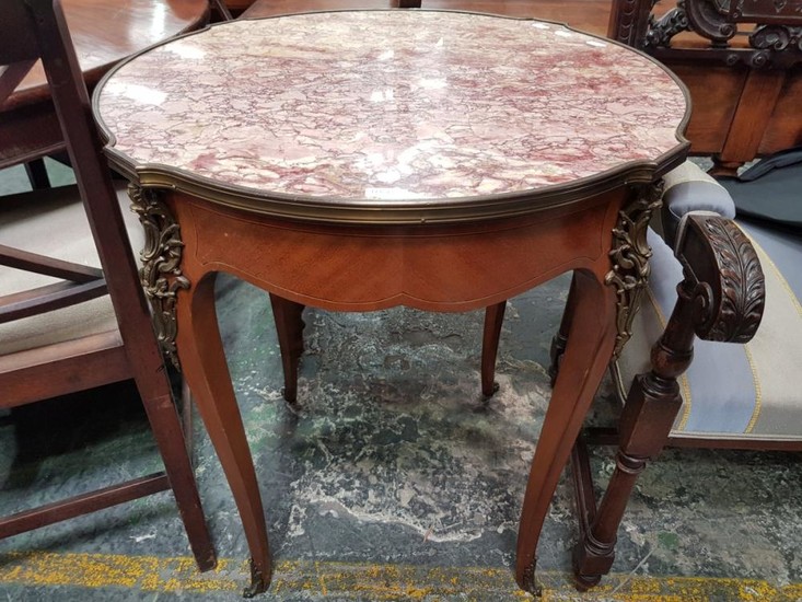 Louis XV Style Occasional Table, with marble top, brass collar & mounts, on cabriole legs with sabots