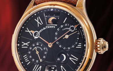 Maitres du Temps by Kari Voutilainen and Andreas Strehler, An incredibly innovative pink gold wristwatch with date, moonphase display, hidden day/night and second time zone indicator, guarantee and presentation box
