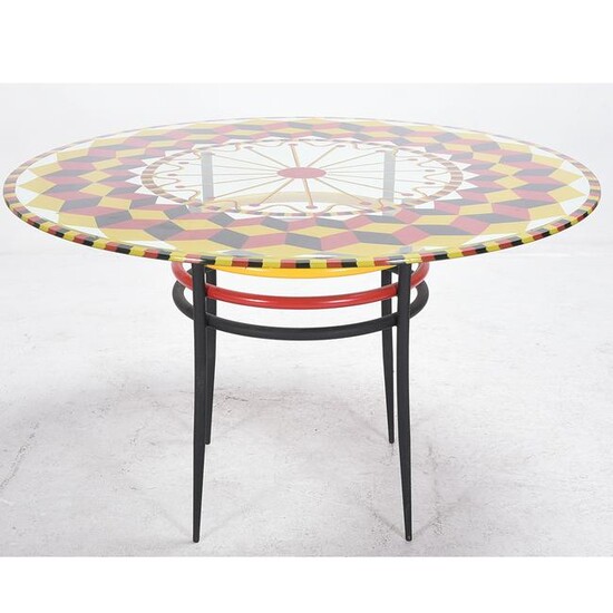 Matchstick and Cube Painted Glass Table Top on Tubular
