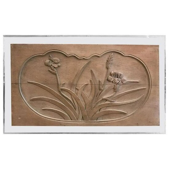 Mid-Century Modern Floral Caved Oak Relief Mounted on