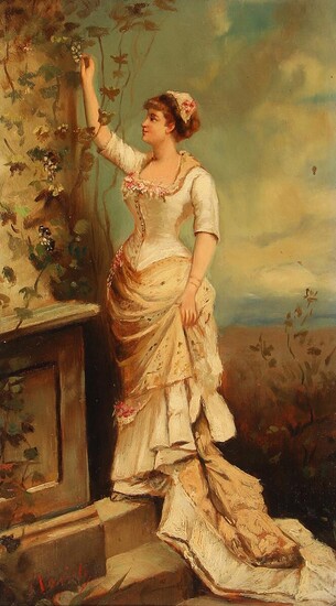 NOT SOLD. Painter unknown, 19th century: A woman picking grapes. Indistinctly signed. Oil on board. 31.5 x 18 cm. – Bruun Rasmussen Auctioneers of Fine Art
