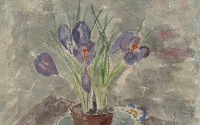 Nature morte de printemps Pot avec crocus en fleurs sur une table, aquarelle sur papier...