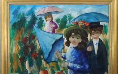 Nino Giuffrida (Born 1924, Italy], Oil on Canvas Painting, Children with Umbrellas in Landscape