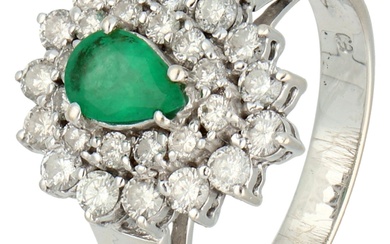 No Reserve - 18K Witgouden entourage ring bezet met ca. 0.42 ct. smaragd en diamant
