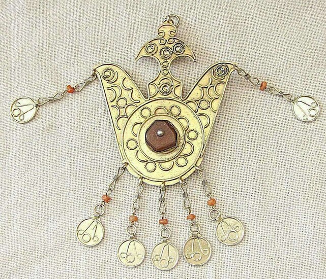 Ottoman Antique gilt Silver large Hamsa Amulet Pendant /Brooch with Bakelite and Coral, 33gr.