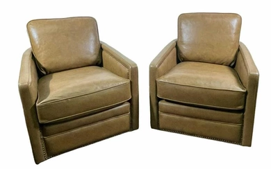 PAIR BROWN LEATHER CLUB CHAIRS WITH NAILHEAD TRIM