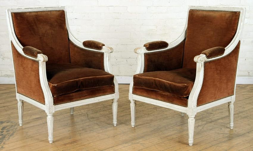 PAIR LOUIS XVI STYLE UPHOLSTERED BERGERE CHAIRS
