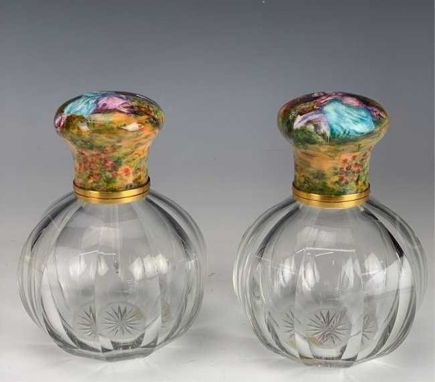 PAIR OF FRENCH BACCARAT GLASS AND ENAMEL PERFUME BOTTLE