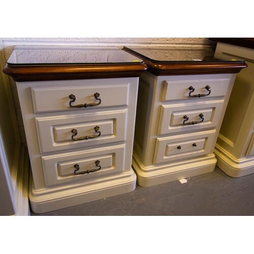 PAIR OF PAINTED 3 DRAWER LOCKERS WITH GLASS TOPS