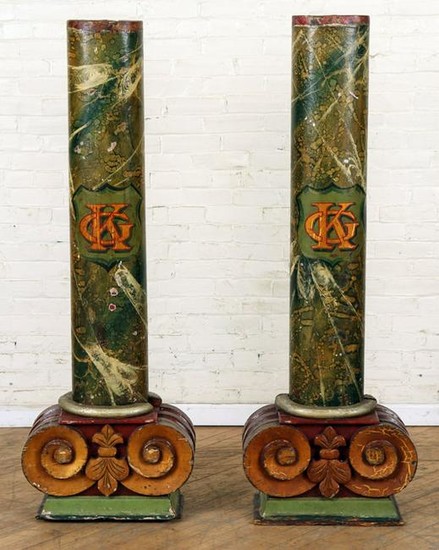 PAIR PAINTED TOLE COLUMNS CARVED CAPITALS C.1900