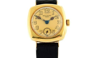 PATEK PHILIPPE - an Officer's wrist watch. Yellow metal case with engraved case back. Case width