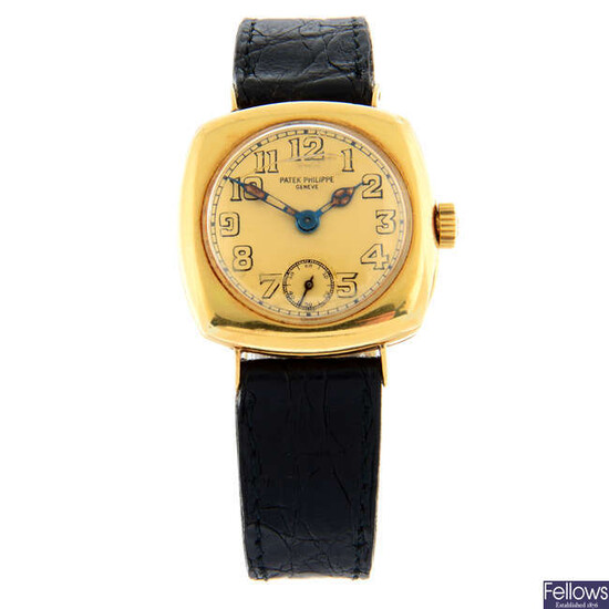 PATEK PHILLIPPE - a yellow metal Officer's wrist watch, 30x30mm.