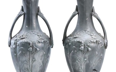 Pair 19th C. Cast Metal Spelter Art Nouveau Bell Flowers Pattern Garniture Vases 12 in. height