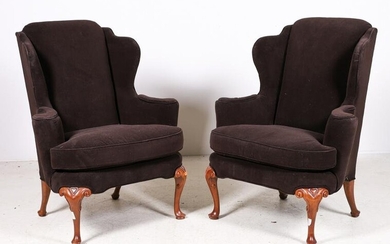 Pair Custom Queen Anne style upholstered wing chairs