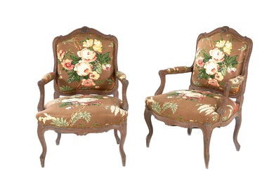 Pair Louis XV Style Carved Beechwood Armchairs (2pcs)