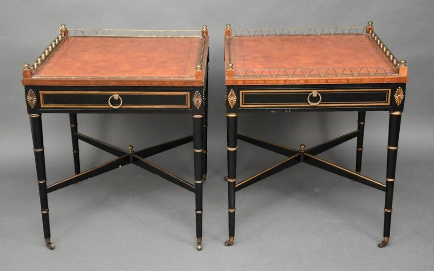 Pair Side Tables, Leather Surface with Brass Trim (one