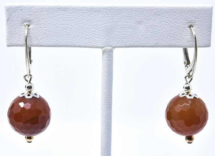 Pair Sterling Silver & Faceted Agate Ball Earrings