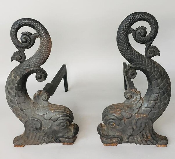Pair of Antique Cast Iron Figural Fu Dolphin Sea Serpent Andirons