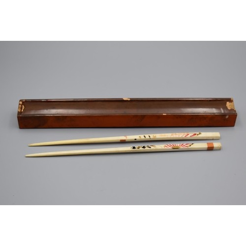 Pair of Antique Ivory Hand Painted Chopsticks in Case