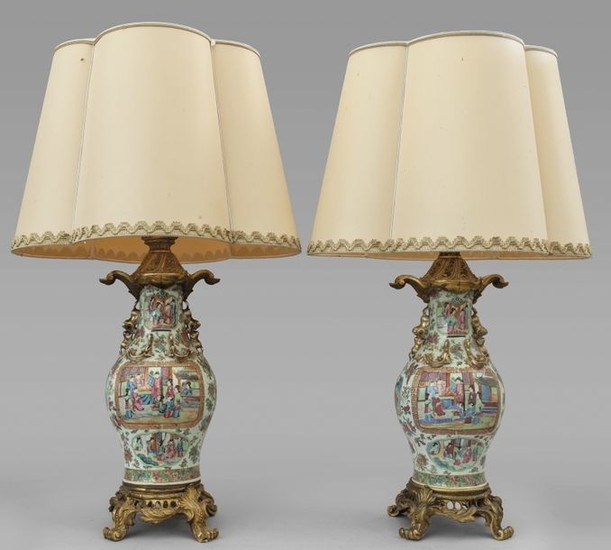 Pair of Canton vases mounted on lamp, gilded...