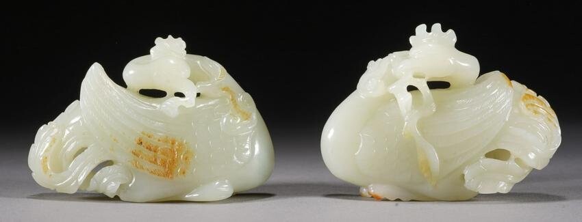 Pair of Chinese Nephrite White Jade Cranes