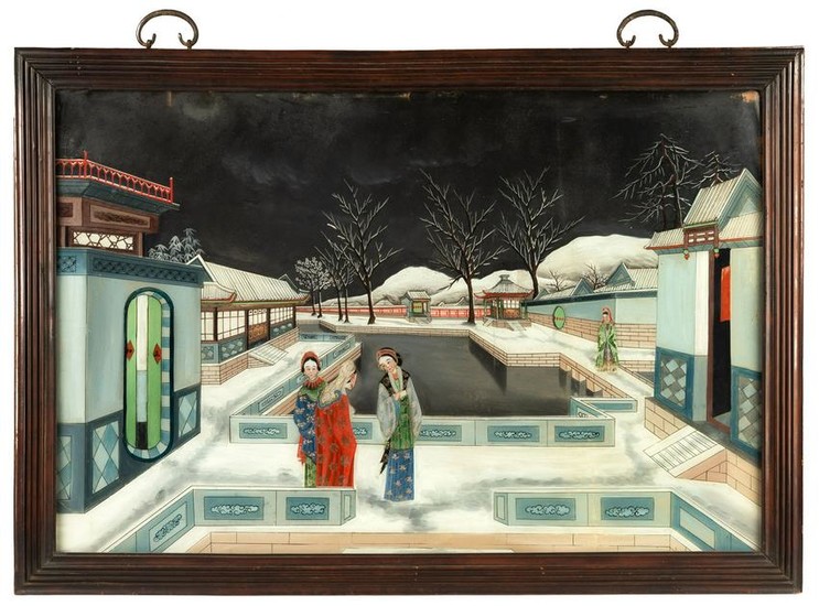 Pair of Chinese Reverse Painted Courtyard Scenes