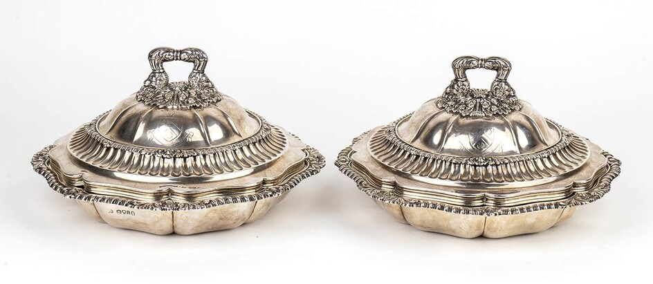 Pair of English sterling silver entrée dish with cover...