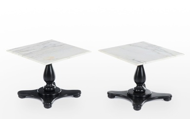 Pair of Modernist Ebonized and Marble Top Side Tables