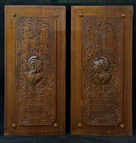 Pair of Spanish Hand Carved Wooden Plaques