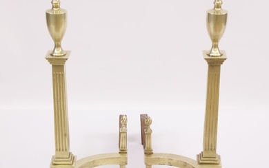 Pair of Vintage Chippendale Style Brass Flame Finial Fluted Column Andirons